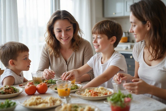 Šťastná rodina s dětmi jí zdravé jídlo, symbolizující výživu pro děti a těhotné