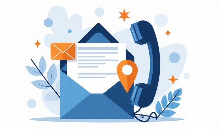 Ilustrace kontaktních informací, obálka, telefon a mapa